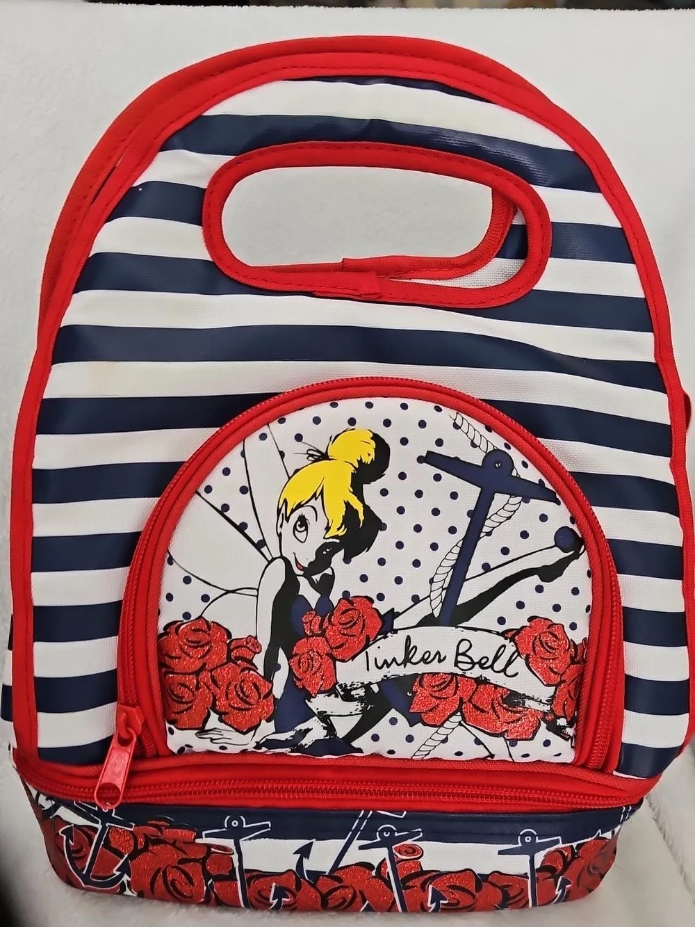 Loungefly Disney Tinker Bell Nautical Lunch Tote Bag Red Glitter Roses Stripes